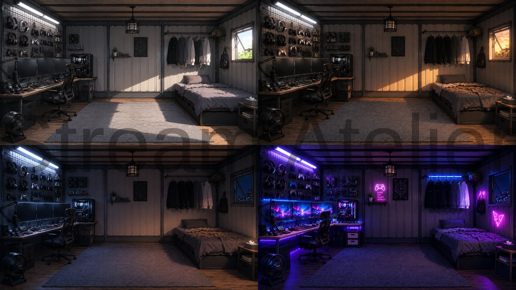 【VTuber向け配信背景】コンテナのゲーミング部屋|配信背景4種+待機終了2種+透過素材32点セット【OBS対応】