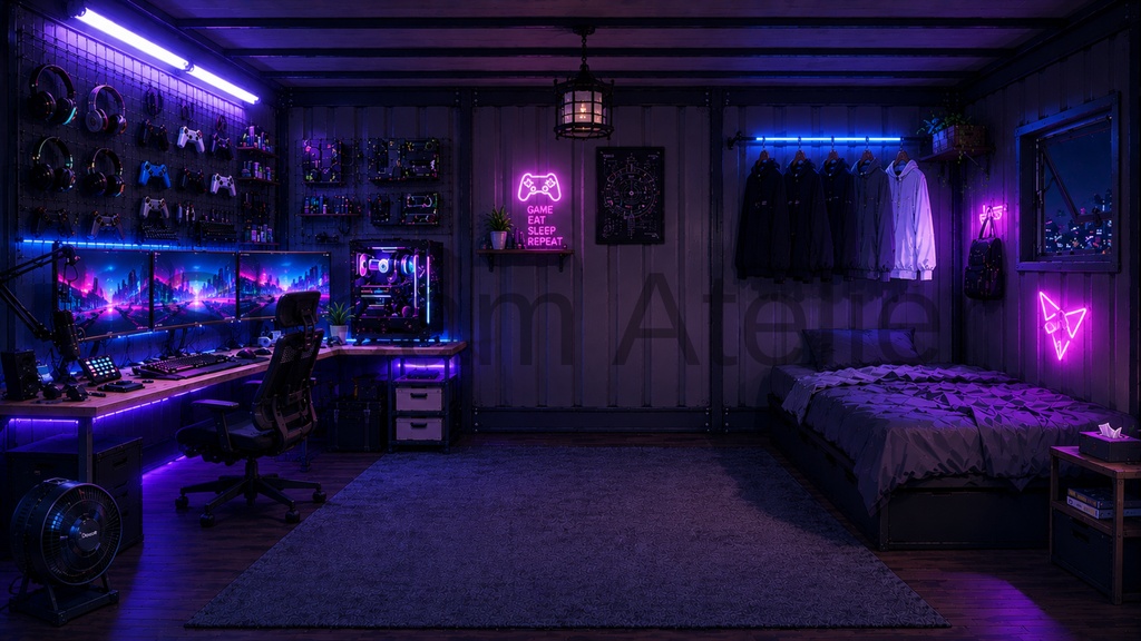 【VTuber向け配信背景】コンテナのゲーミング部屋|配信背景4種+待機終了2種+透過素材32点セット【OBS対応】