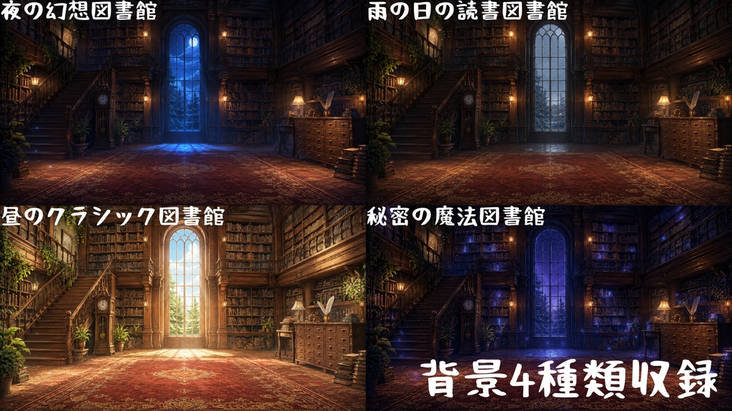 【無料版】【VTuber向け配信背景】夜の幻想図書館受付|無料お試し5点セット【OBS対応】
