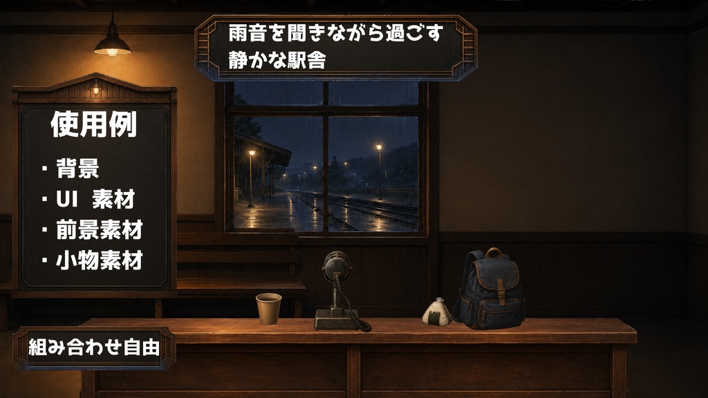【無料版あり】【VTuber向け配信背景】雨宿りする夜の駅舎|背景6点+UI・前景・小物28点セット【OBS対応】
