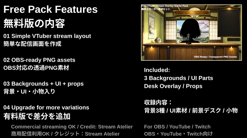 【無料】Free VTuber Stream Overlay Starter Pack|OBS対応|配信画面素材セット