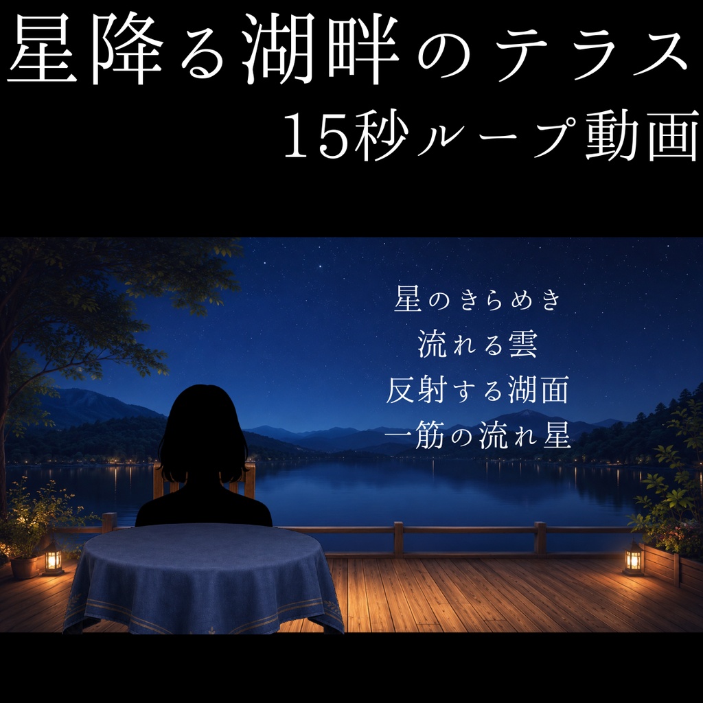 【動く背景】星降る湖畔テラス配信背景|15秒ループ動画+前景素材セット【VTuber向け】
