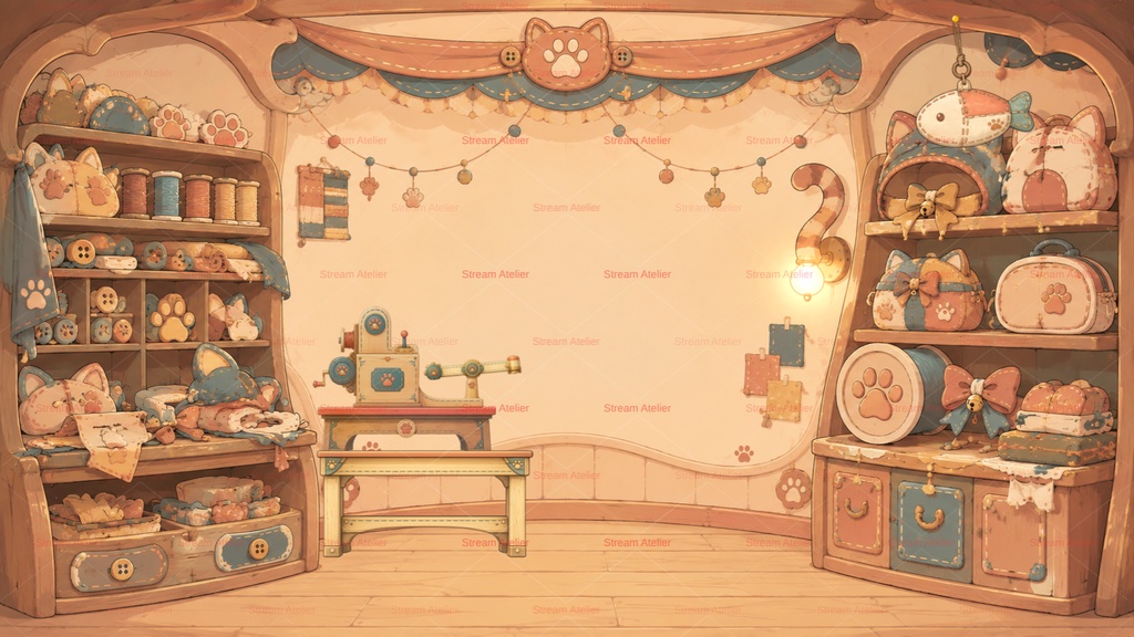 【計19点/動く背景】猫雑貨のミニアトリエ┃15秒ループ動画+前景・チェア・UI素材セット【VTuber向け配信素材】【OBS対応】