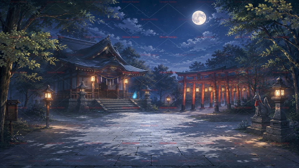 【計19点/動く背景】狐火が揺らめく月夜の神社┃15秒ループ動画+前景・UI素材セット【VTuber向け配信素材】【OBS対応】