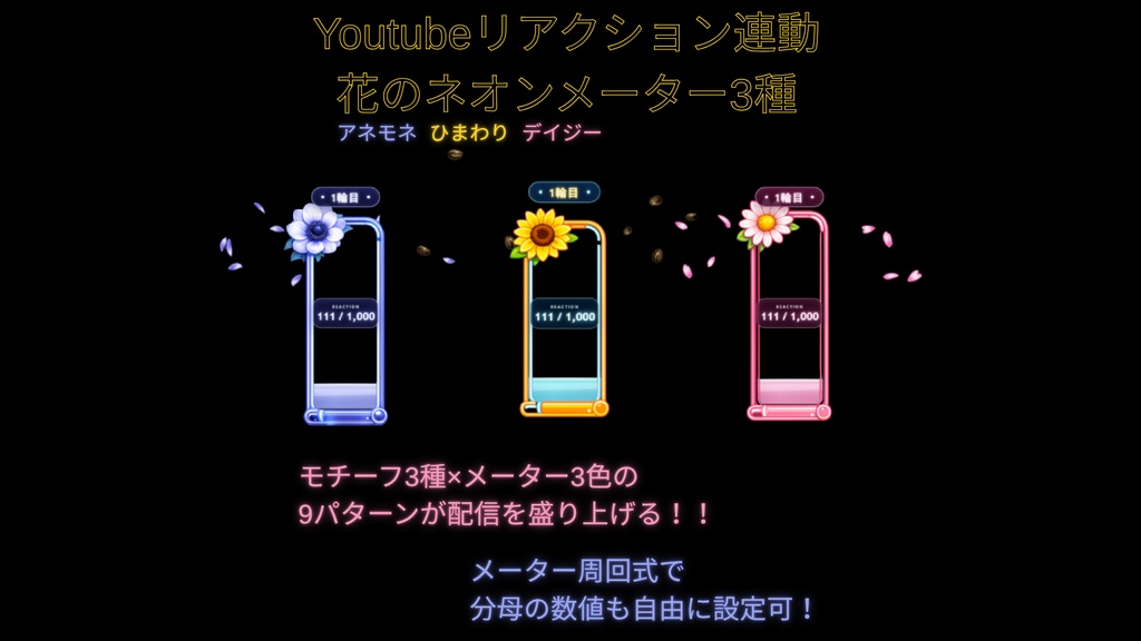 【わんコメテンプレート／OBS対応】YouTubeリアクションメーター｜花モチーフ3種セット（ひまわり・デイジー・アネモネ）【VTuber配信素材】