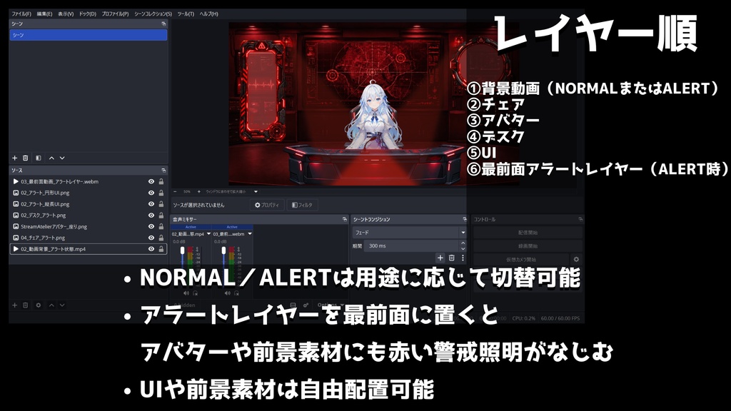 【計17点/動く背景】怪異・異常現象監視センター┃NORMAL・ALERT背景+警告灯レイヤー・前景・UI素材【VTuber向け配信素材】【OBS対応】