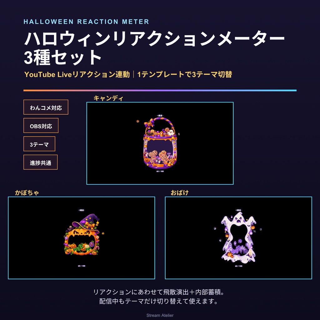 【わんコメテンプレート／OBS対応】YouTubeリアクションメーター｜ハロウィン3種セット（キャンディ・かぼちゃ・おばけ）【VTuber配信素材】