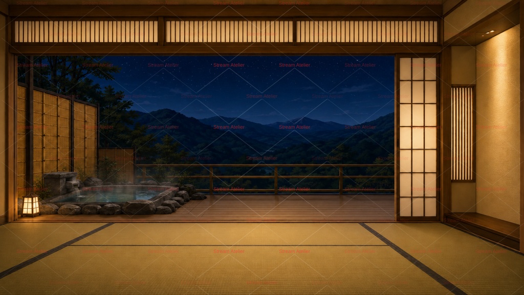 【計35点/配信画面セット】山景を望む露天風呂付き温泉旅館|朝・夕・夜背景+前景・卓上小物・UI【VTuber・配信者向け/和風・OBS素材】