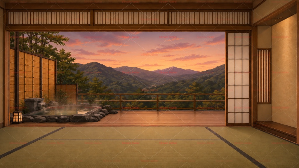 【計35点/配信画面セット】山景を望む露天風呂付き温泉旅館|朝・夕・夜背景+前景・卓上小物・UI【VTuber・配信者向け/和風・OBS素材】