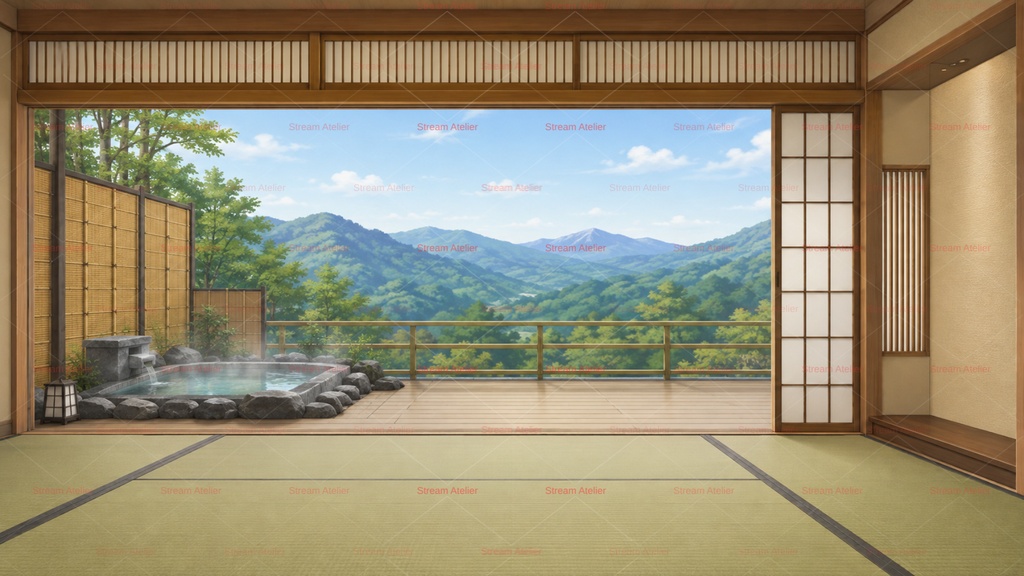 【計35点/配信画面セット】山景を望む露天風呂付き温泉旅館|朝・夕・夜背景+前景・卓上小物・UI【VTuber・配信者向け/和風・OBS素材】