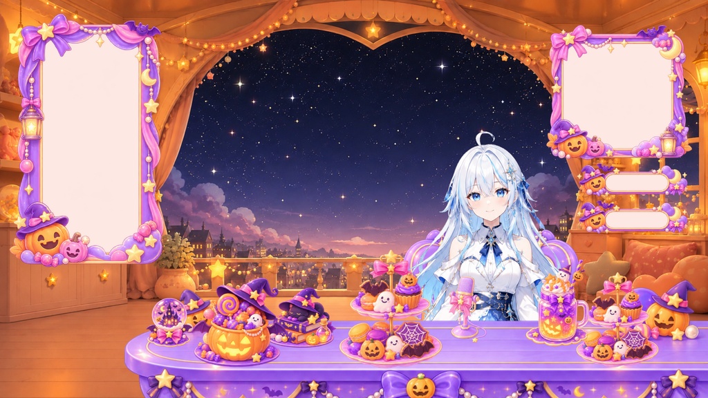 【通常版27点/ハロウィン版43点】ゆめかわ星空のキャンディルーム|背景・前景・UI+動く透過素材【VTuber・配信者向け/OBS】