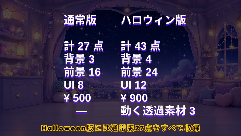 【通常版27点/ハロウィン版43点】ゆめかわ星空のキャンディルーム|背景・前景・UI+動く透過素材【VTuber・配信者向け/OBS】