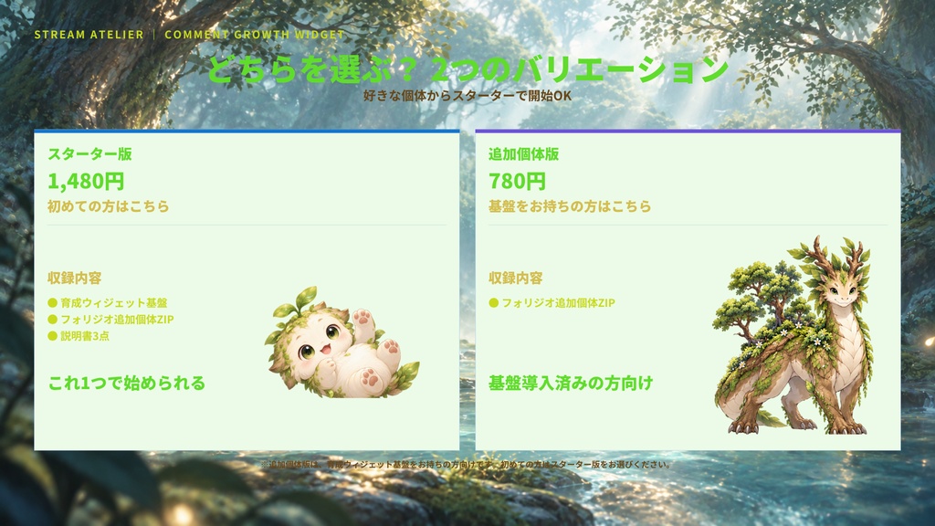 【OBS / わんコメ対応】コメントで育つ育成ウィジェット|6段階進化・植物竜「フォリジオ」|スターター版 / 追加個体版【VTuber・配信者向け】