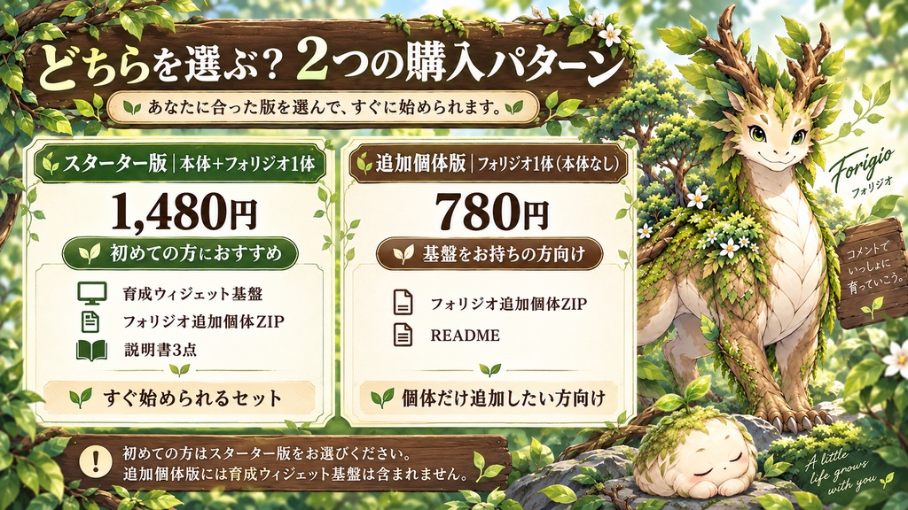 【OBS / わんコメ対応】コメントで育つ育成ウィジェット|6段階進化・植物竜「フォリジオ」|スターター版 / 追加個体版【VTuber・配信者向け】