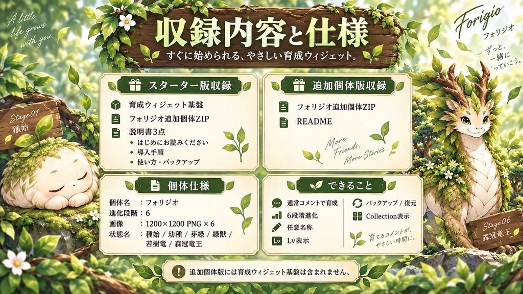 【OBS / わんコメ対応】コメントで育つ育成ウィジェット|6段階進化・植物竜「フォリジオ」|スターター版 / 追加個体版【VTuber・配信者向け】