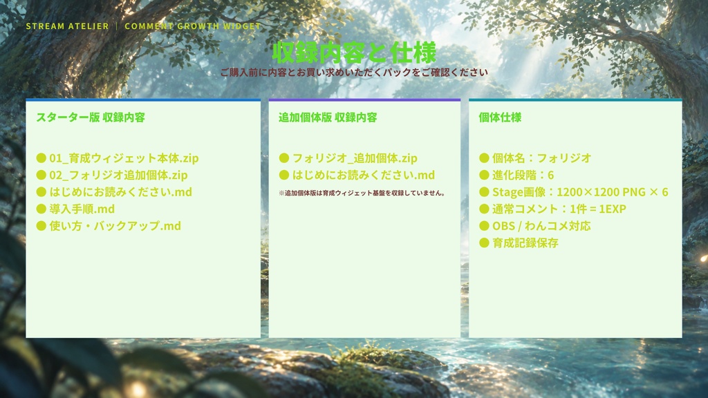【OBS / わんコメ対応】コメントで育つ育成ウィジェット|6段階進化・植物竜「フォリジオ」|スターター版 / 追加個体版【VTuber・配信者向け】