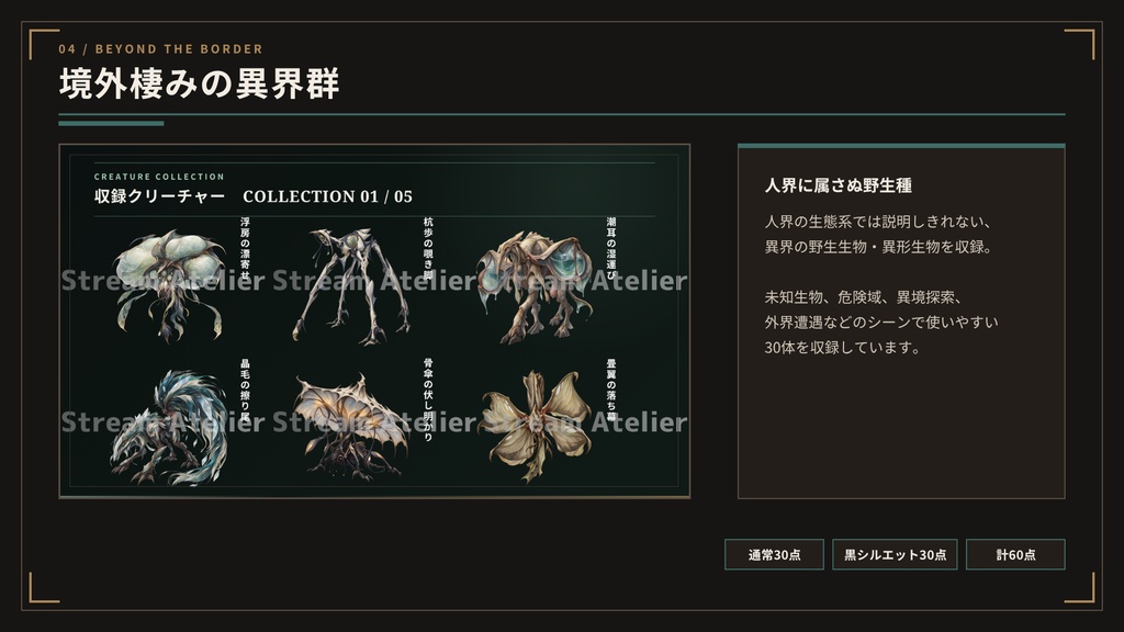 【計300点/異形・怪物素材】異形・怪物素材5作まとめセット|通常カラー150点+黒シルエット150点【TRPG・RPG・ゲーム向け/透過PNG】