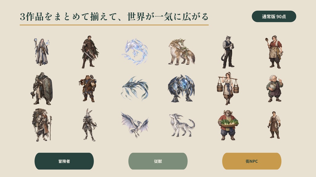 【計180点/3作セット/200円お得】ファンタジー世界構築スターターセット|冒険者・従獣・街NPC【TRPG・ゲーム向け/透過PNG】