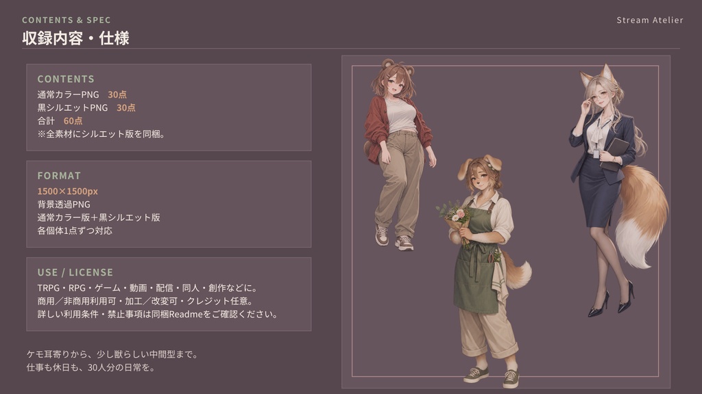【計60点/獣人女性素材】街角の獣人女性たち ― 暮らしと装いの30人|獣人女性30人+シルエット30種【TRPG・ゲーム向け/透過PNG】