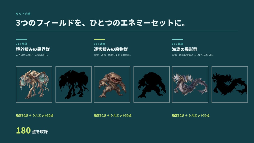 【計180点/3作セット/200円お得】異界・迷宮・海淵 モンスターコレクション|エネミー・怪物90体+シルエット90種【TRPG・ゲーム向け/透過PNG】