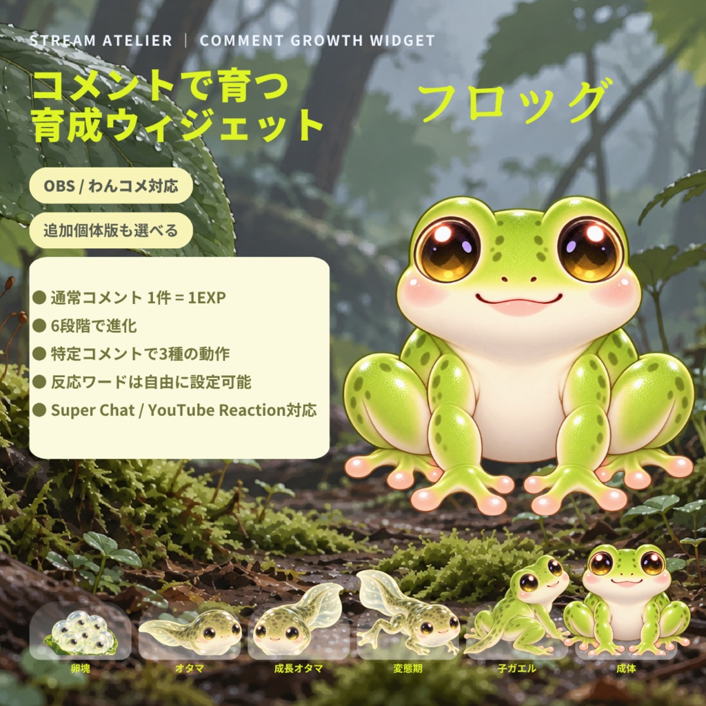 【OBS・わんコメ対応】コメントで育つ育成ウィジェット｜フロッグ｜6段階進化・コメント連動