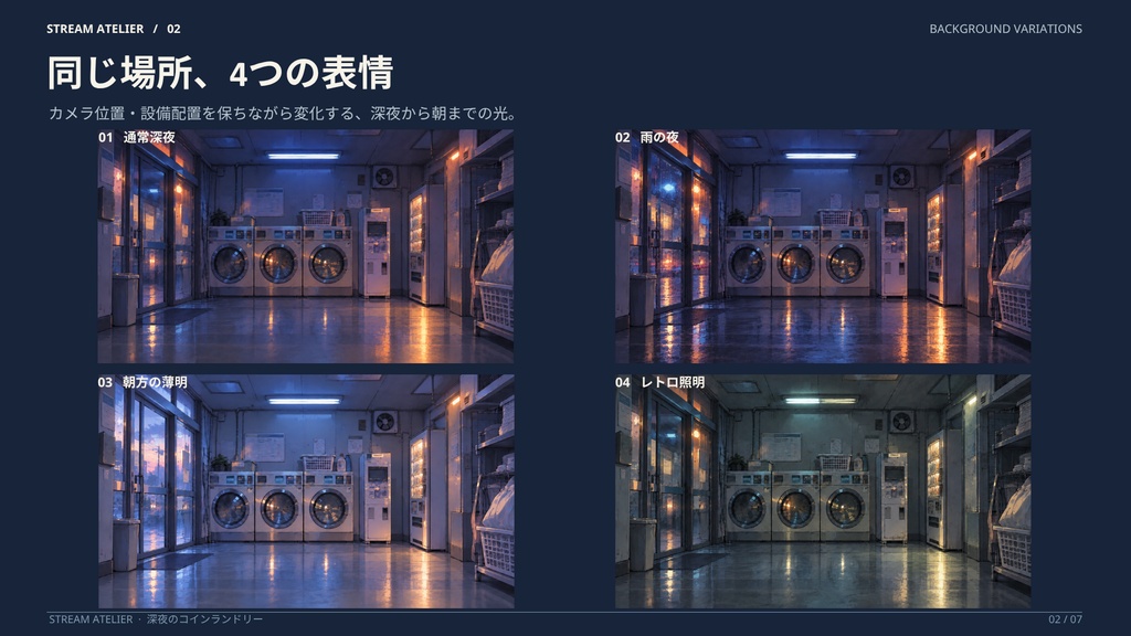 【計27点/静止画配信セット】深夜のコインランドリー|背景4差分・前景15点・UI8点【VTuber・配信者向け/OBS】