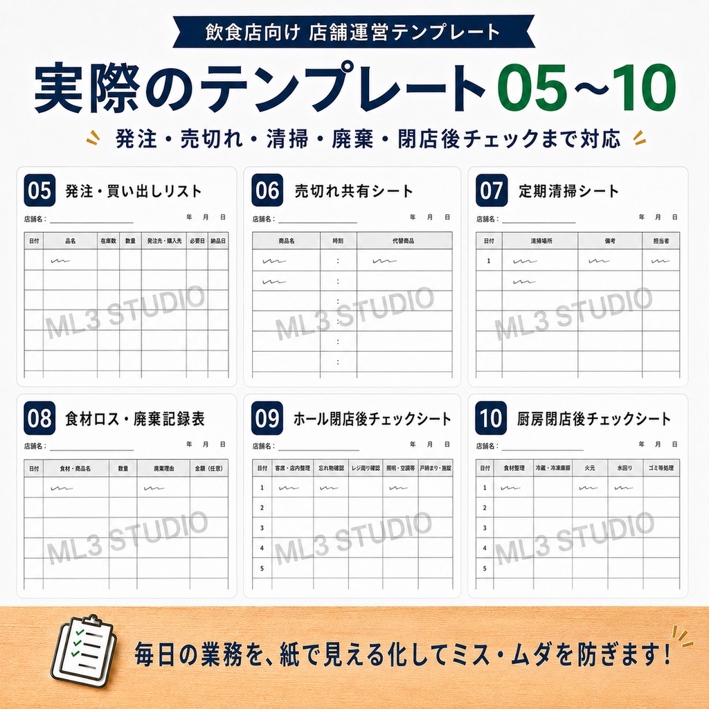 飲食店向け 店舗運営テンプレート10種類セット|予約・仕込み・発注・清掃・閉店チェック|A4 PDF