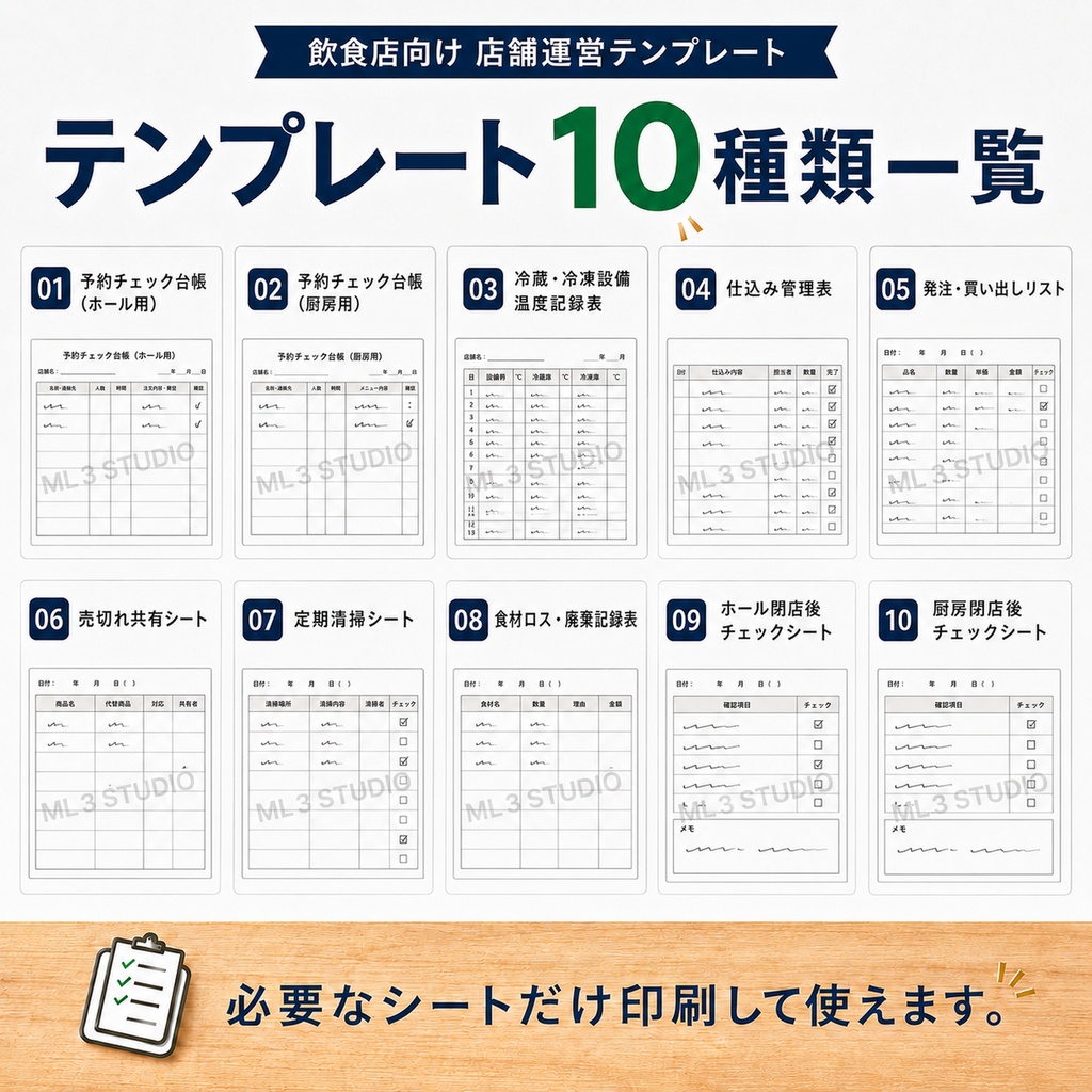 飲食店向け 店舗運営テンプレート10種類セット|予約・仕込み・発注・清掃・閉店チェック|A4 PDF