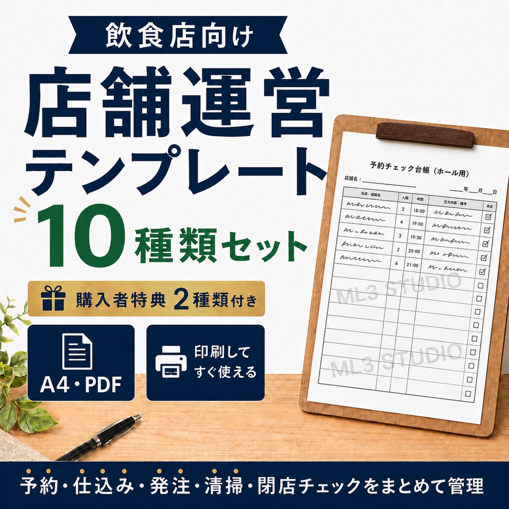 飲食店向け 店舗運営テンプレート10種類セット|予約・仕込み・発注・清掃・閉店チェック|A4 PDF