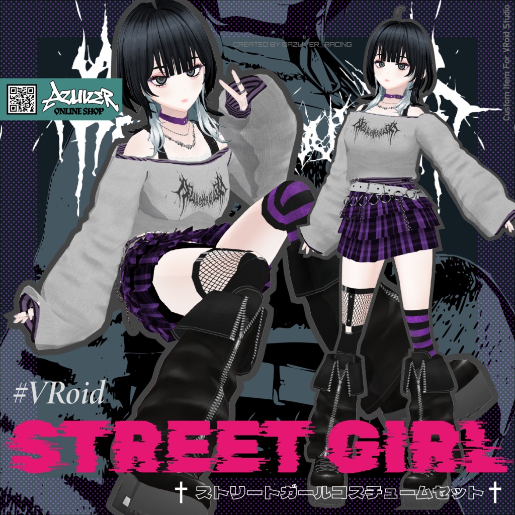 【VRoid】Street Girl Costume Set No.1 (ストリートガールセットアップ) texture & vroiditem #Azuver
