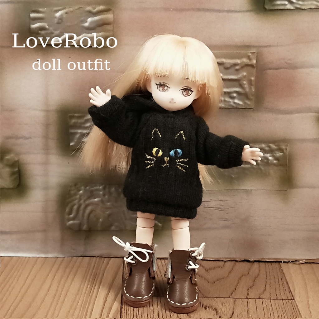 ＊オビツ11 フード付きネコ柄トレーナー（黒地） ドール服 ねんどろいどどーる＊