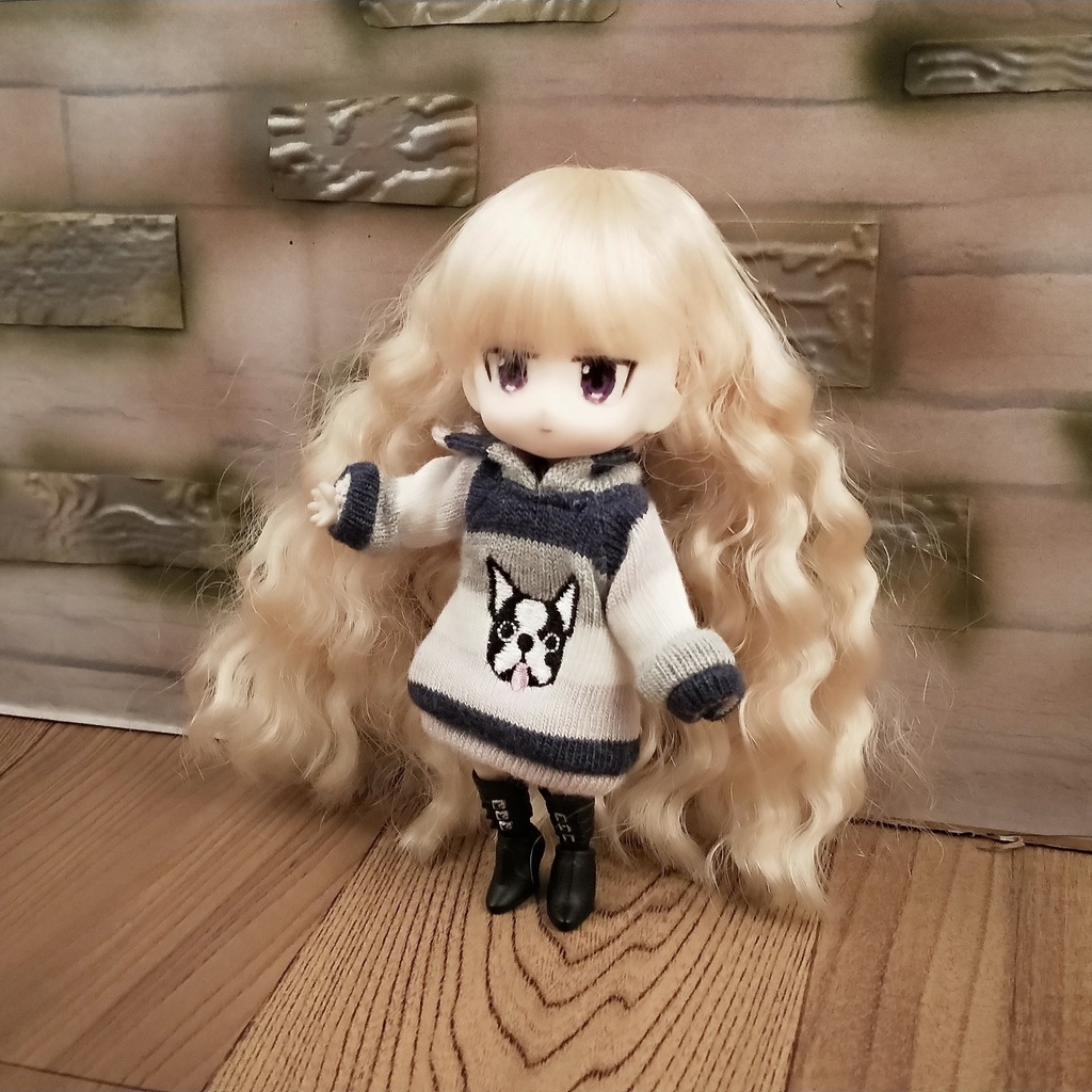 *オビツ11 フード付き犬柄トレーナー 紺ボーダー ドール服 ねんどろいどどーる*