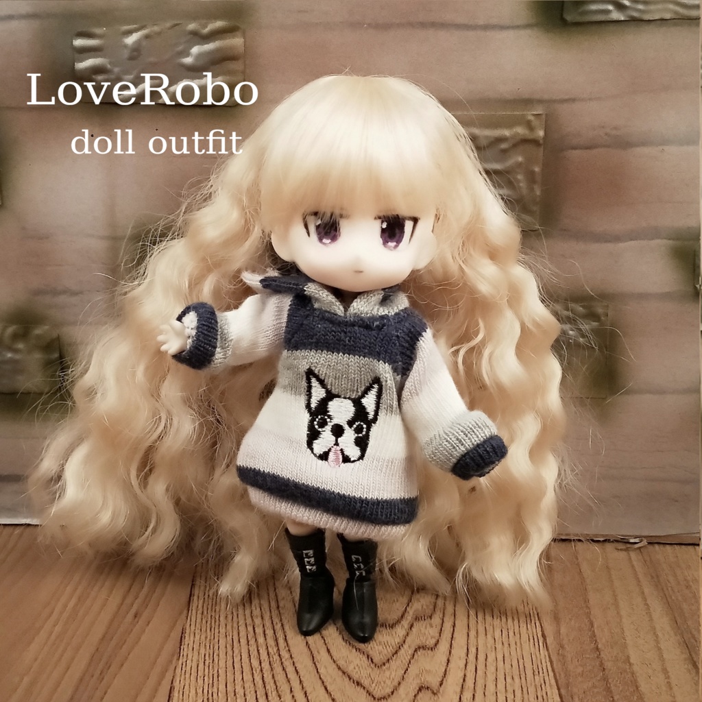 ＊オビツ11 フード付き犬柄トレーナー 紺ボーダー ドール服 ねんどろいどどーる＊