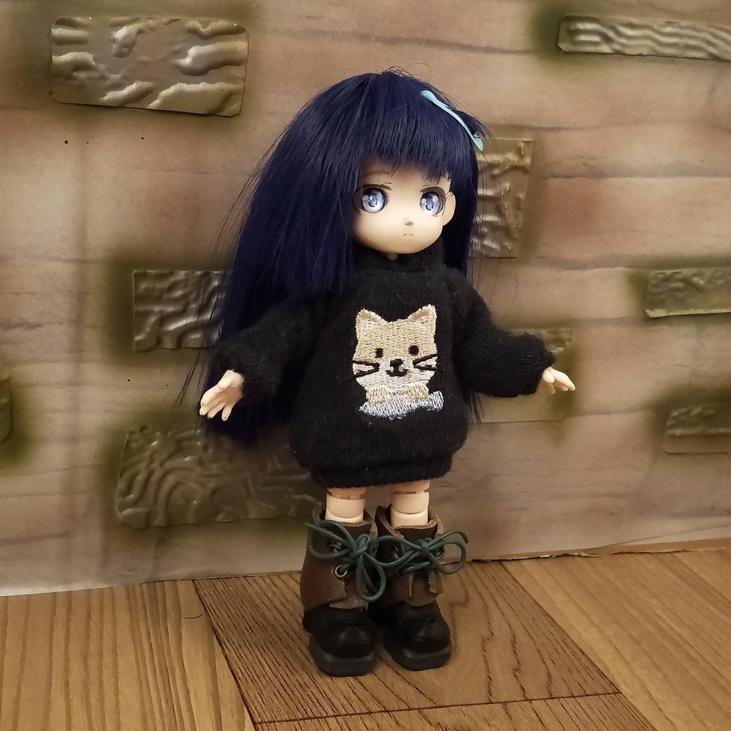 *オビツ11 フード付きネコ柄(さかな)トレーナー ドール服 ねんどろいどどーる*