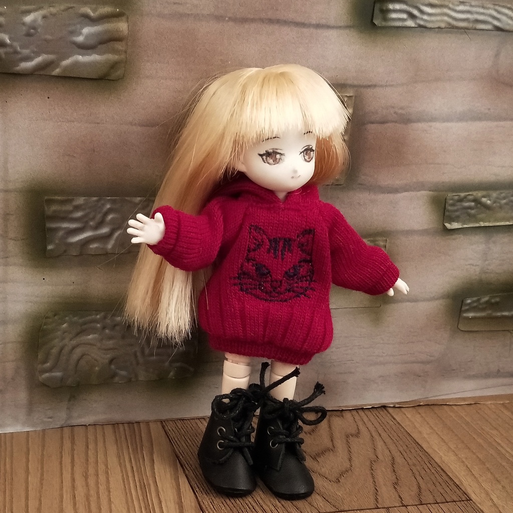 *オビツ11 フード付き線描き猫トレーナー 赤 ドール服 ねんどろいどどーる*