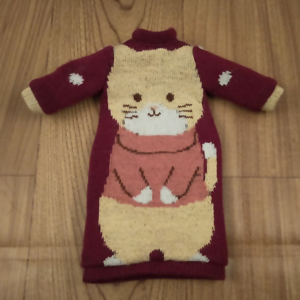 *1/6 猫柄ニットワンピース(エンジ色) ドール服 ブライス オビツ22*