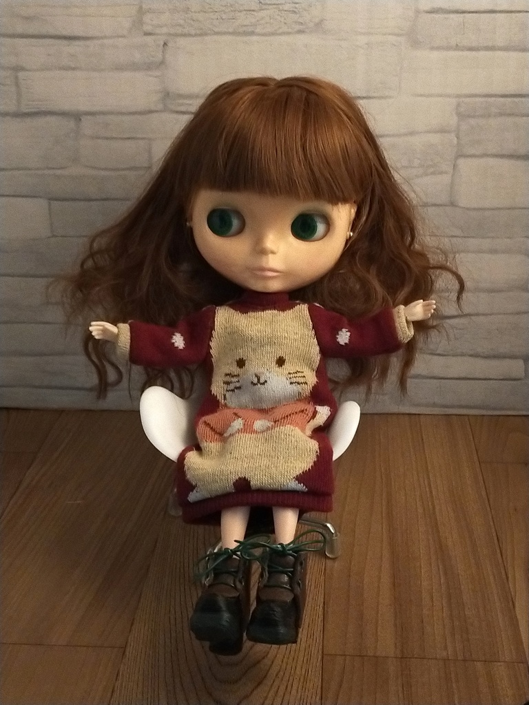 *1/6 猫柄ニットワンピース(エンジ色) ドール服 ブライス オビツ22*