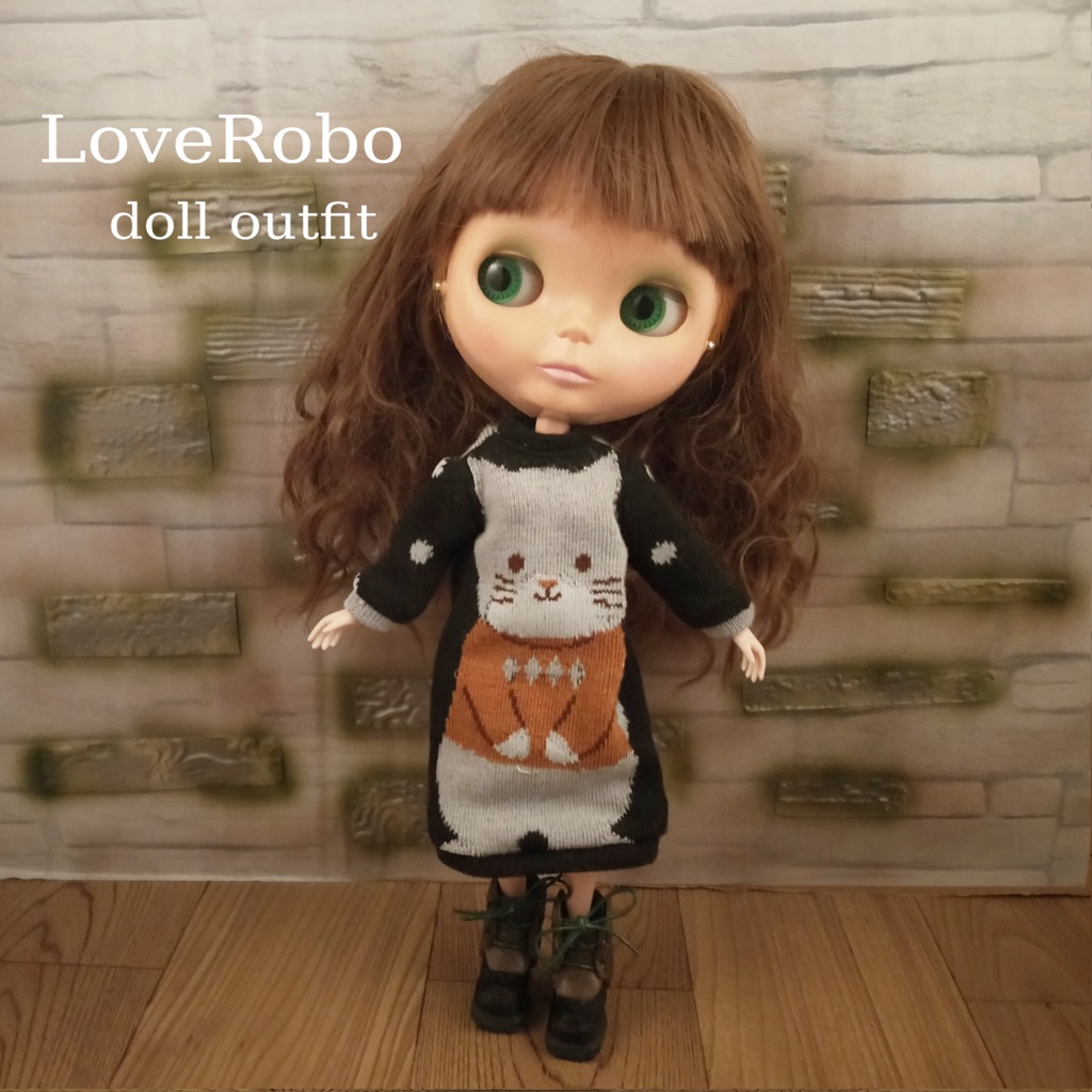 ＊1/6 猫柄ニットワンピース(黒色) ドール服 ブライス＊