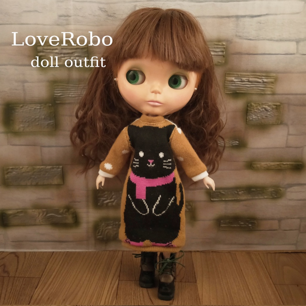 ＊1/6 猫柄ニットワンピース(マスタード色) ドール服 ブライス＊