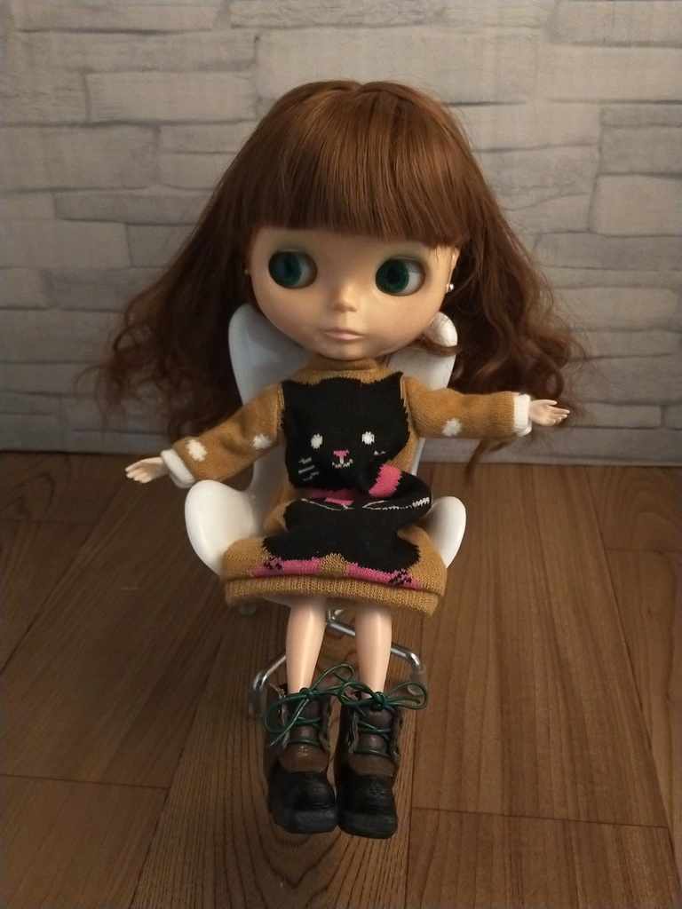 *1/6 猫柄ニットワンピース(マスタード色) ドール服 ブライス オビツ22*