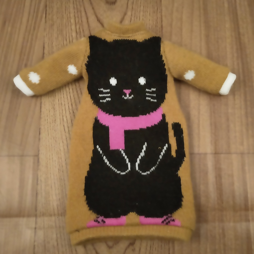 *1/6 猫柄ニットワンピース(マスタード色) ドール服 ブライス オビツ22*