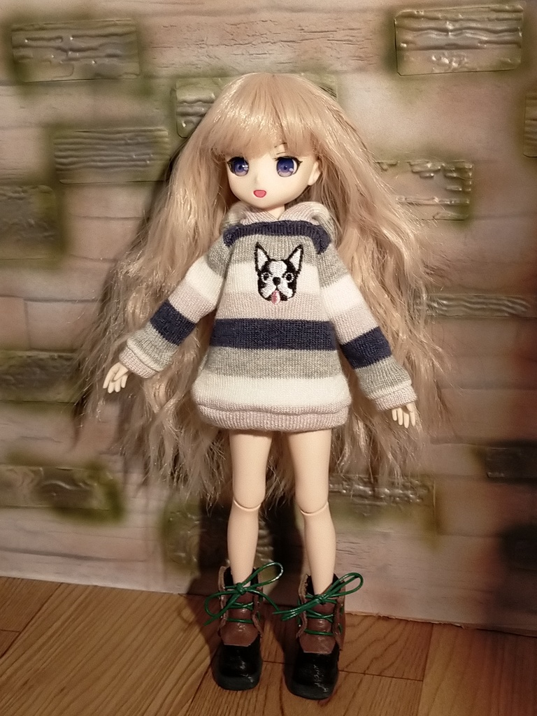 *オビツ22 フード付き犬ボーダー柄 トレーナー ブライス ピュアニーモS ドール服 *