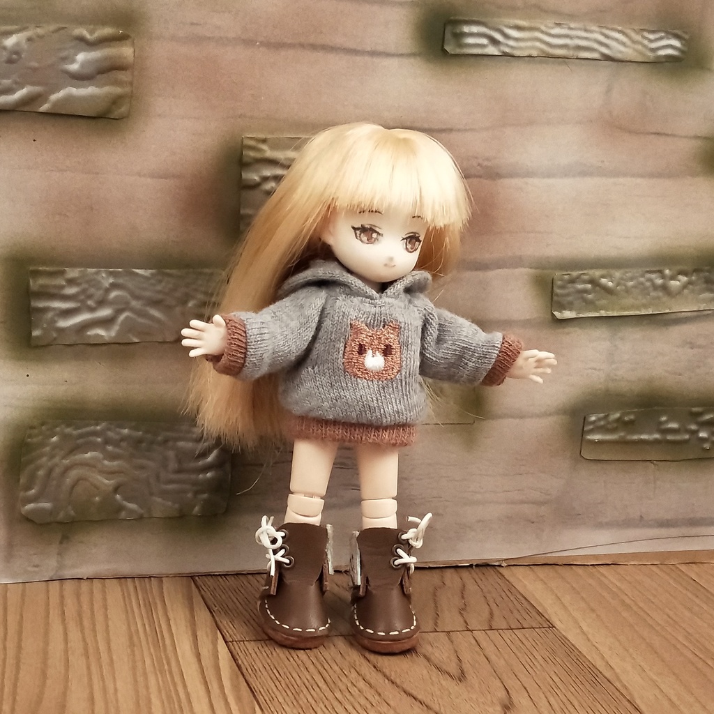 *オビツ11 フード付きクマ柄トレーナー グレー ドール服 ねんどろいどどーる*