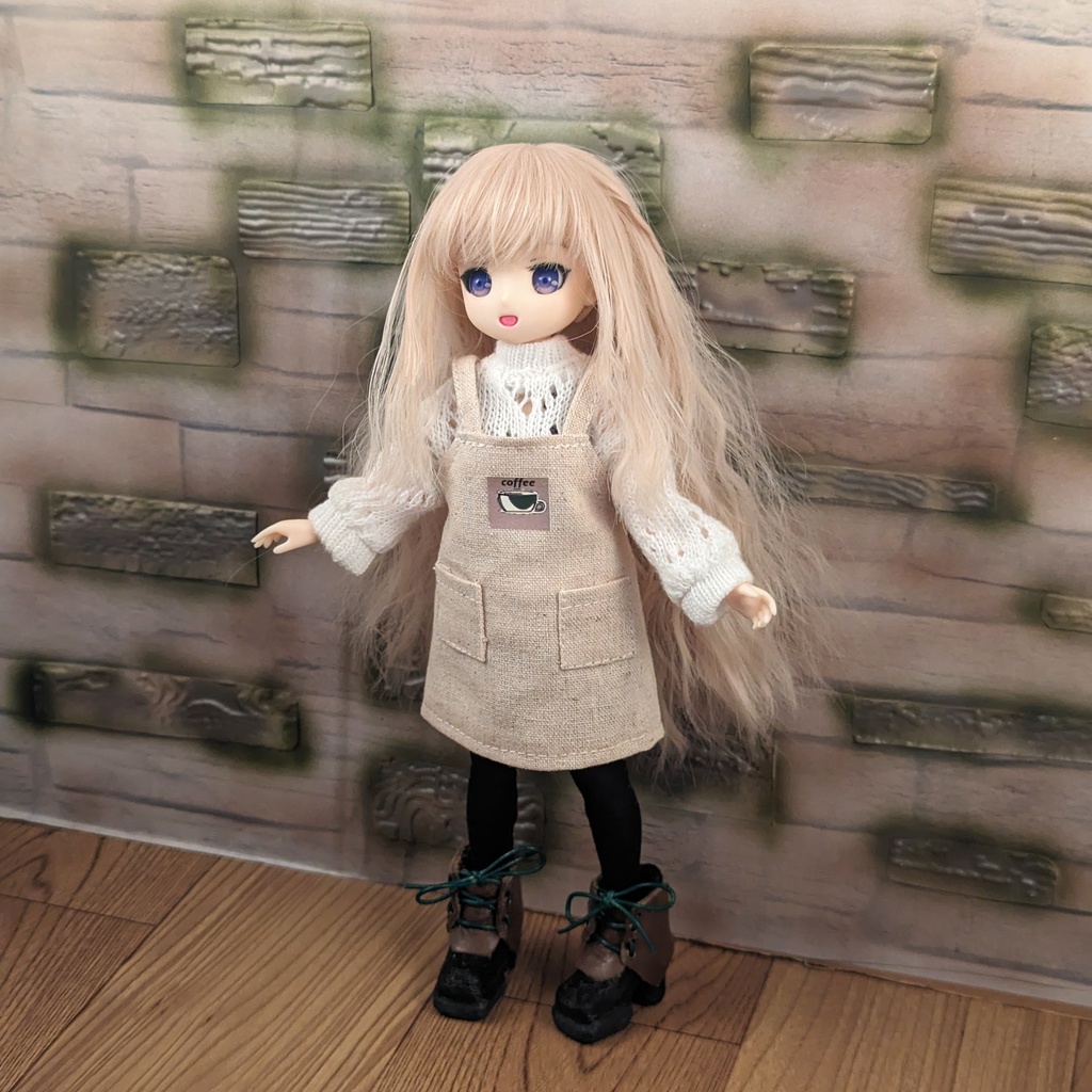 *オビツ22 エプロンのみ カフェ柄 麻 ブライス ピュアニーモS ドール服 *