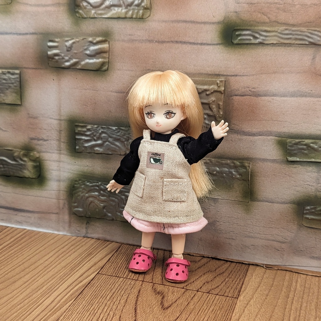 *オビツ11 エプロンのみ カフェ柄 麻 ドール服 ねんどろいどどーる*