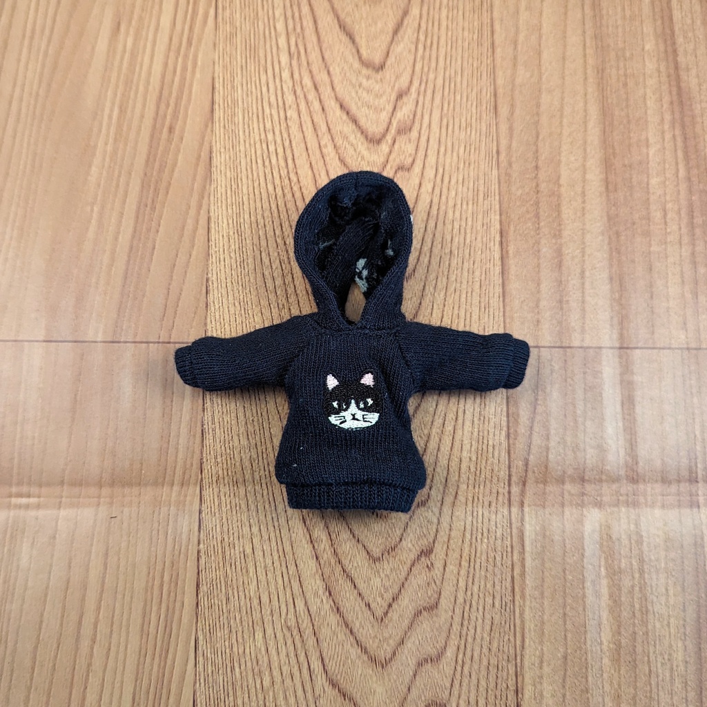 *オビツ11 フード付き耳ピンクネコ柄トレーナー 黒 ドール服 ねんどろいどどーる*