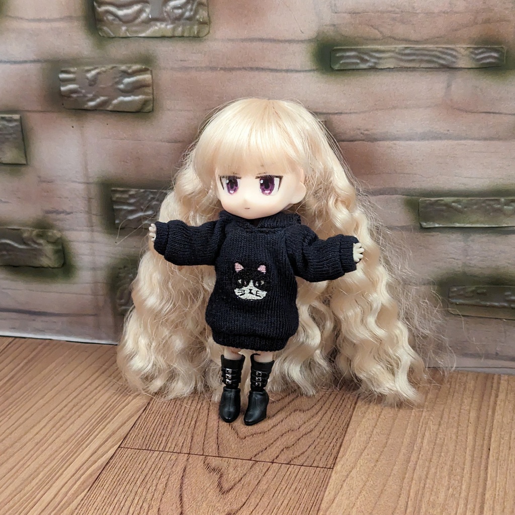 *オビツ11 フード付き耳ピンクネコ柄トレーナー 黒 ドール服 ねんどろいどどーる*