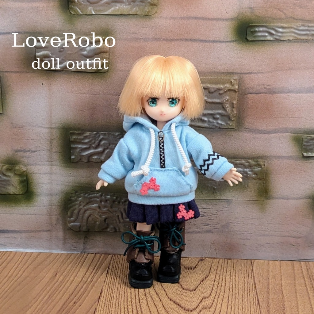 ＊オビツ11 フード付きニットプリーツワンピース ブルー ドール服 ねんどろいどどーる＊