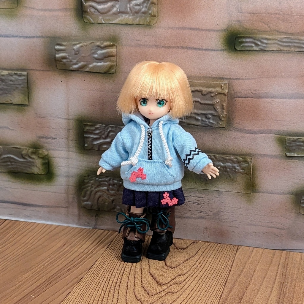 *オビツ11 フード付きニットプリーツワンピース ブルー ドール服 ねんどろいどどーる*