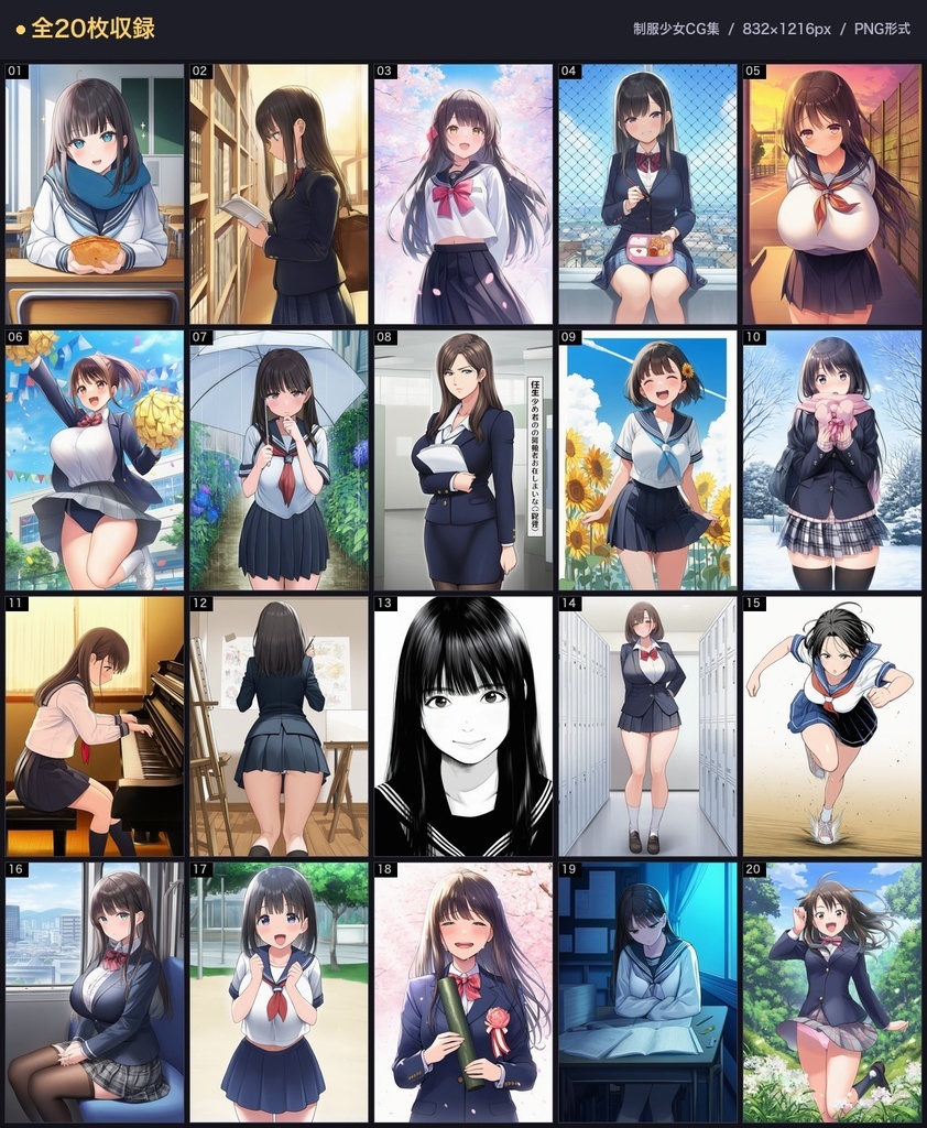 【AI生成】制服少女CG集 Vol.1｜セーラー服・学校 高解像度20枚 商用可